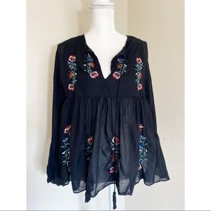Zara Embroidered Black Flowing Floral Blouse
